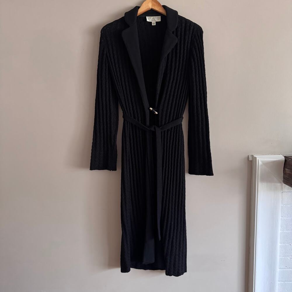 St. John Collection Long Tie Waist Cardigan Duster Wool Sweater Black Toggle 4